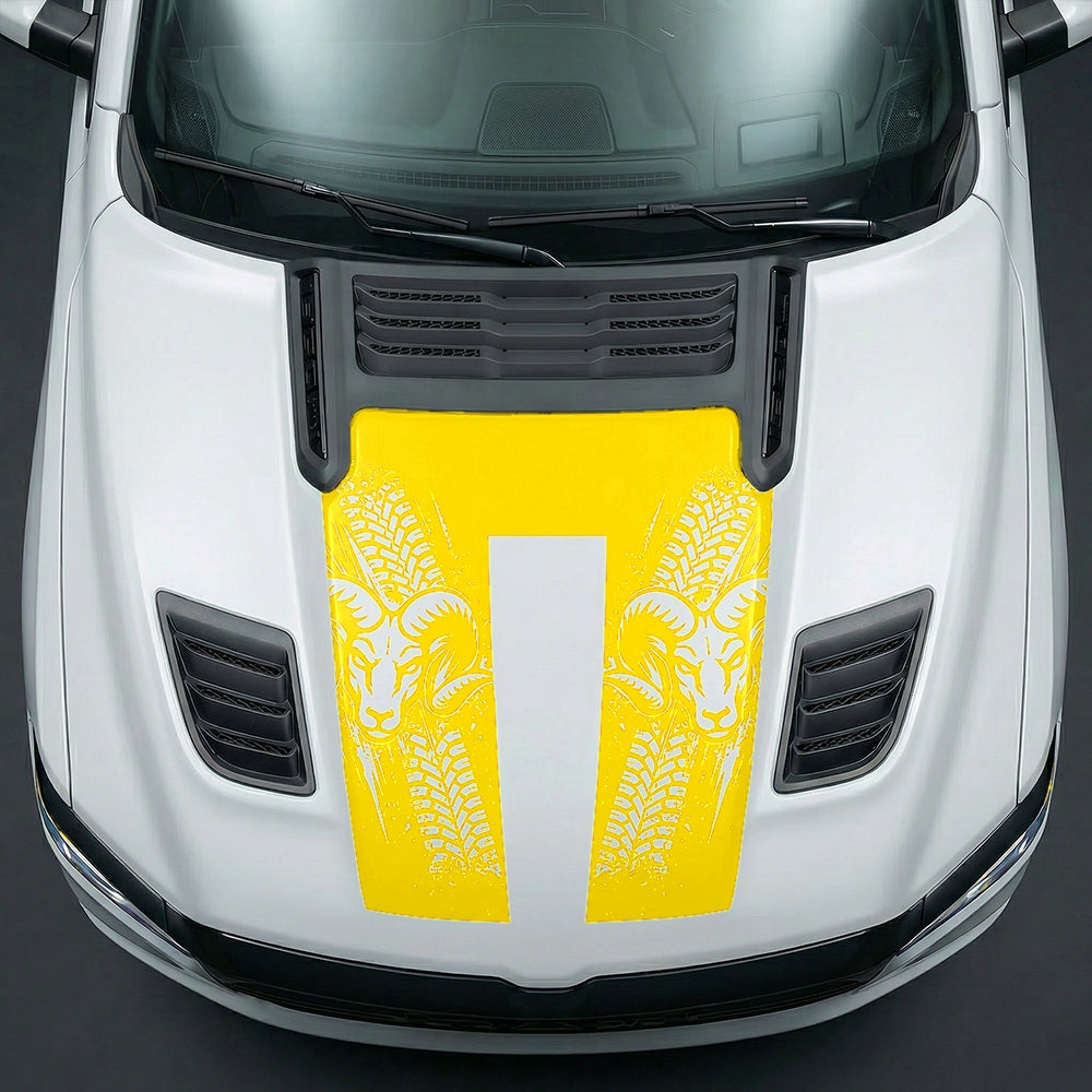 Hood Panel Decal/Sticker - Rugged Mud Tire Tread & RAM Head Graphic Kit - For Dodge Ram 2019-2025 - Premium Vinyl