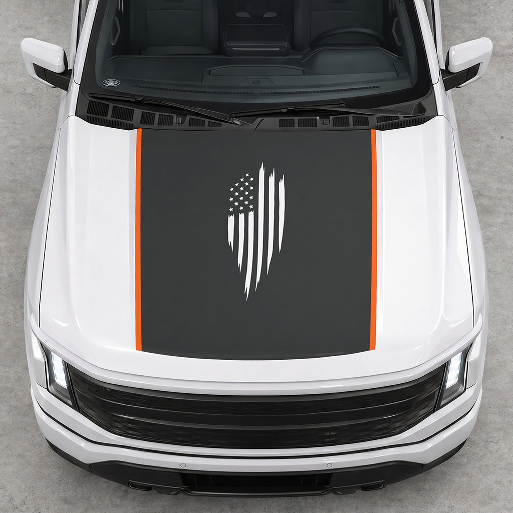 Hood Panel Decal/Sticker - Scratched America Flag Graphic Decal Graphic Kit - For Ford F-150 2015-2020 - Premium Vinyl