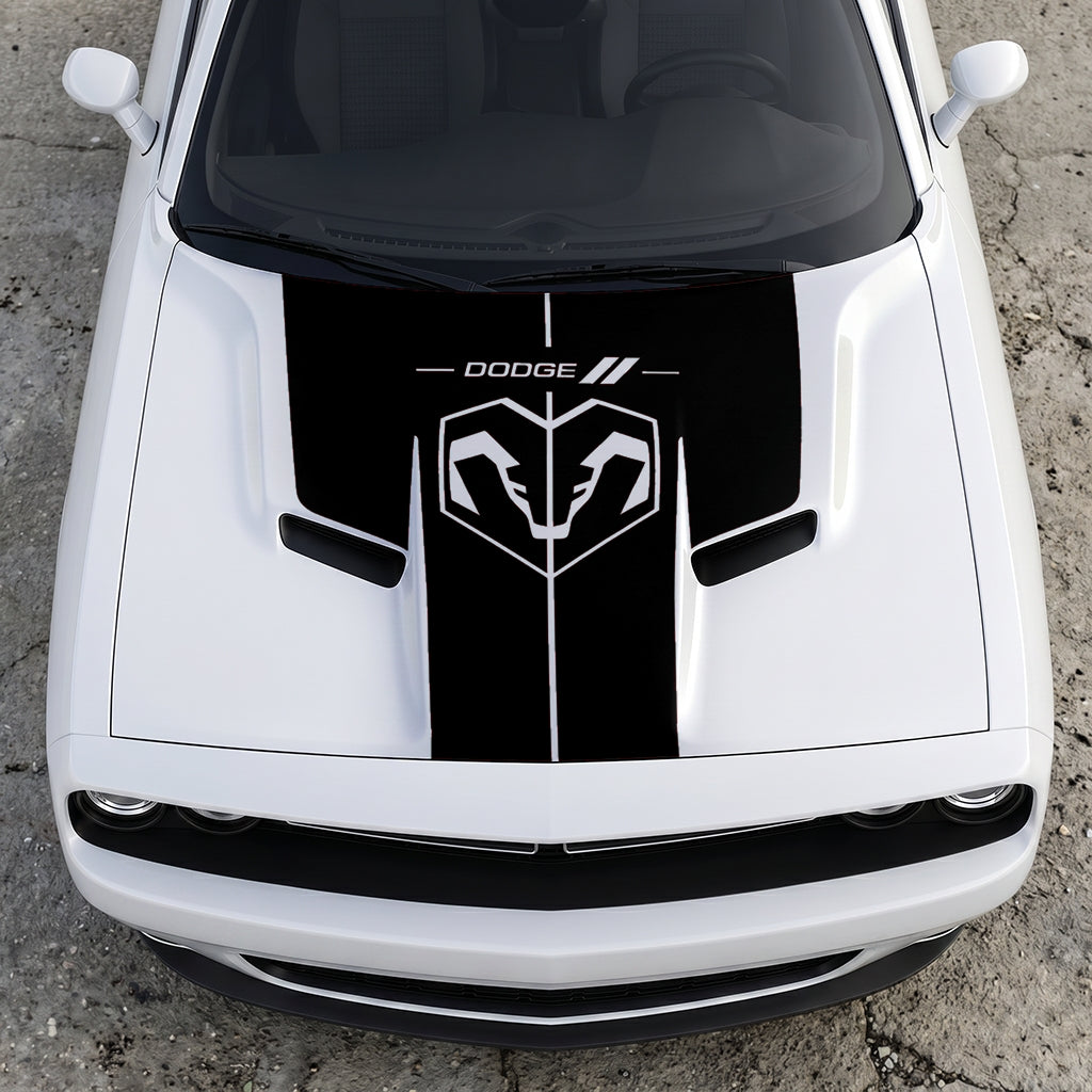 Hood Panel Decal/Sticker - Modern Ram Heritage Diamond Shield Overlay - Dodge Logo Split Stripe Graphic Kit - For Dodge Challenger 2015-2024 - Premium Vinyl