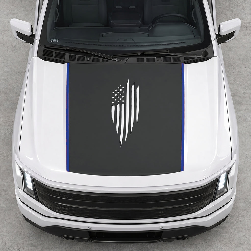 Hood Panel Decal/Sticker - Scratched America Flag Graphic Decal Graphic Kit - For Ford F-150 2015-2020 - Premium Vinyl