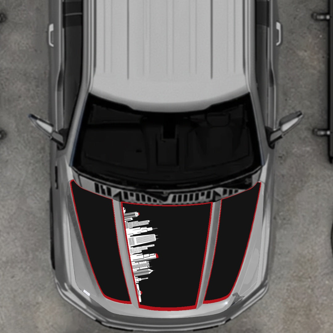 Hood Panel Decal/Sticker - Dubai Skyline - Cut - Border Graphic Kit - For Ford F-150 2020-2026 - Premium Vinyl