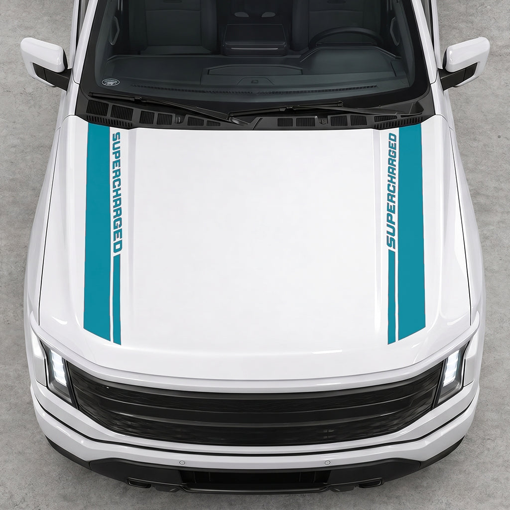 Hood Panel Decal/Sticker - Double Side SuperCharged Graphic Decal Graphic Kit - For Ford F-150 2015-2020 - Premium Vinyl