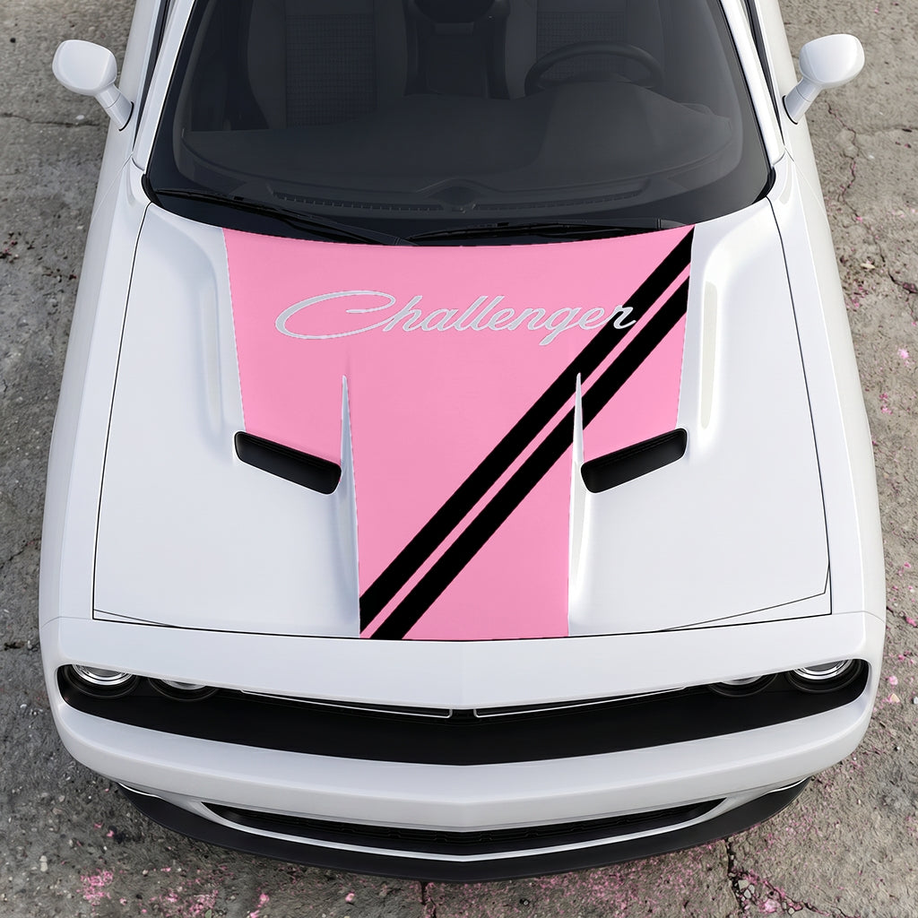 Hood Panel Decal/Sticker - Challenger Script Sidewinder Stripe - Dual-Band Offset Racing Graphic Kit - For Dodge Challenger 2015-2024 - Premium Vinyl