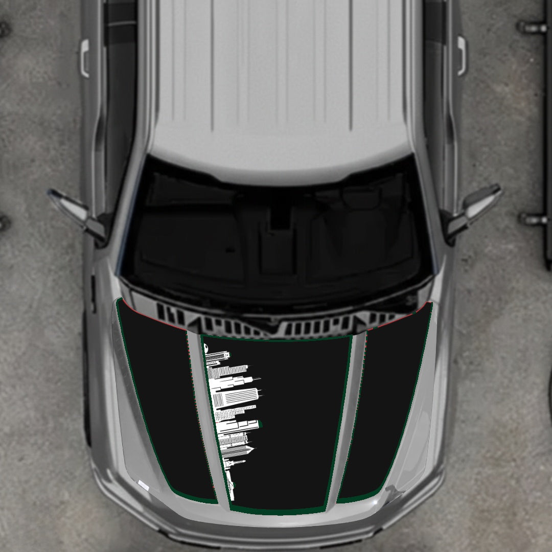 Hood Panel Decal/Sticker - Dubai Skyline - Cut - Border Graphic Kit - For Ford F-150 2020-2026 - Premium Vinyl