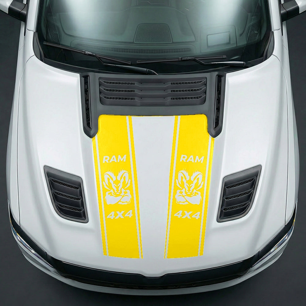 Hood Panel Decal/Sticker - Muscular Ram Mascot 4x4 Twin Stripe Graphic Kit - For Dodge Ram 2019-2025 - Premium Vinyl