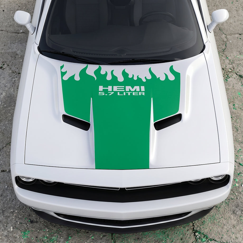 Hood Panel Decal/Sticker - HEMI 5.7 Liter Fire & Fury Flame Accent - Performance Red Series Graphic Kit - For Dodge Challenger 2015-2024 - Premium Vinyl
