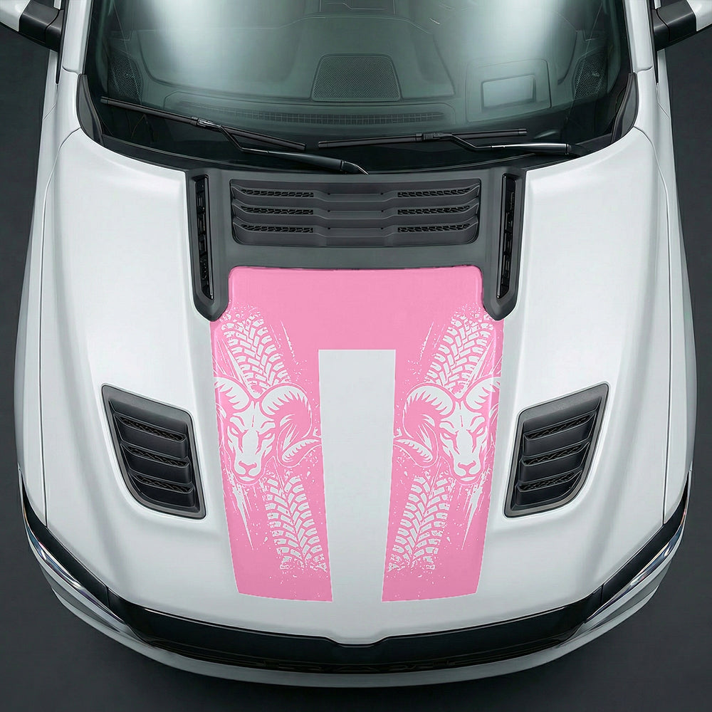 Hood Panel Decal/Sticker - Rugged Mud Tire Tread & RAM Head Graphic Kit - For Dodge Ram 2019-2025 - Premium Vinyl