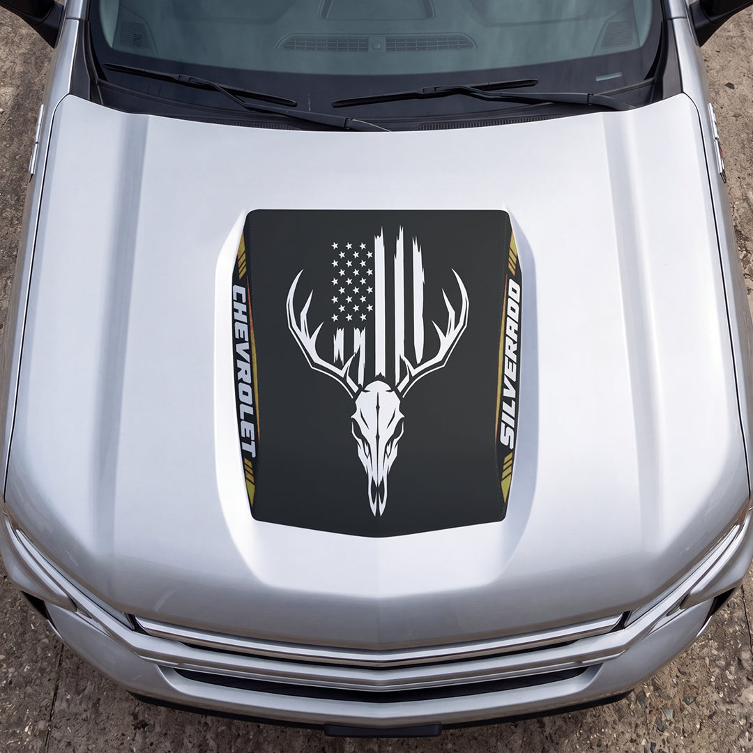 Hood Panel Decal/Sticker - American Flag and Bison Skull Graphic Decal Graphic Kit - For Chevrolet Silverado 2019-2024 - Premium Vinyl