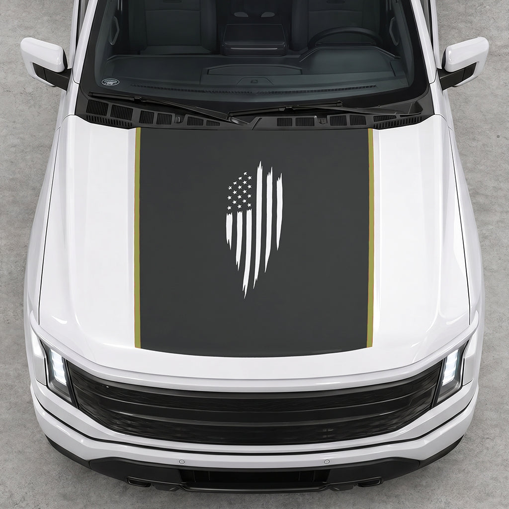 Hood Panel Decal/Sticker - Scratched America Flag Graphic Decal Graphic Kit - For Ford F-150 2015-2020 - Premium Vinyl