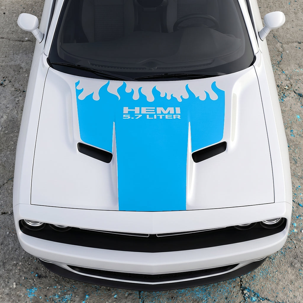 Hood Panel Decal/Sticker - HEMI 5.7 Liter Fire & Fury Flame Accent - Performance Red Series Graphic Kit - For Dodge Challenger 2015-2024 - Premium Vinyl