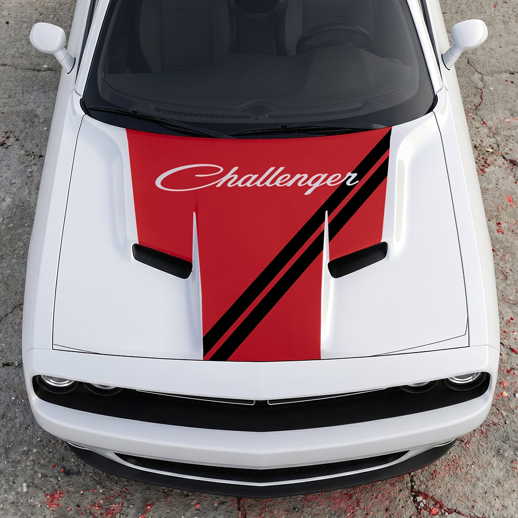 Hood Panel Decal/Sticker - Challenger Script Sidewinder Stripe - Dual-Band Offset Racing Graphic Kit - For Dodge Challenger 2015-2024 - Premium Vinyl