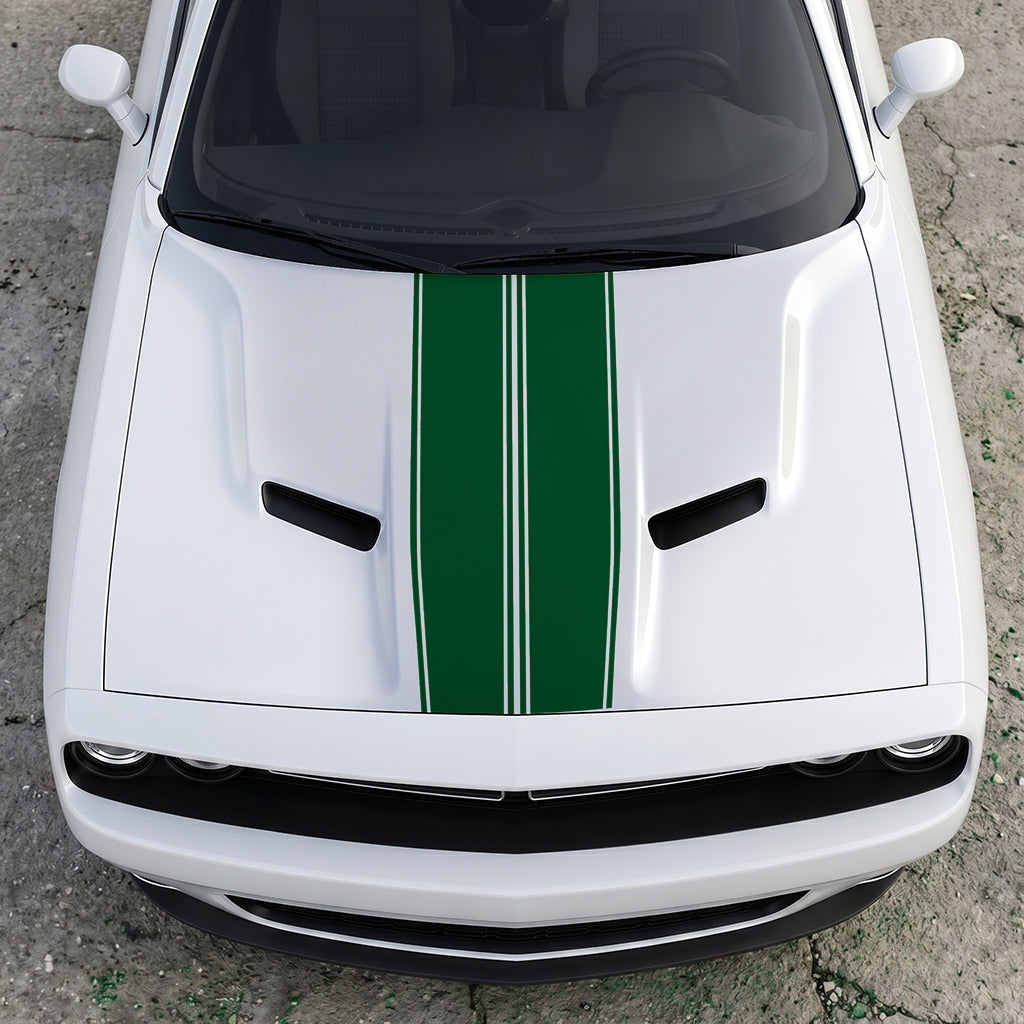 Hood Panel Decal/Sticker - Triple-Threat Sport Racing Stripes - Symmetrical Performance Overlay Graphic Kit - For Dodge Challenger 2015-2024 - Premium Vinyl