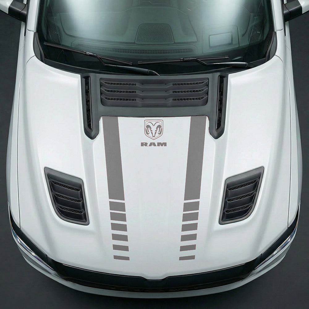 Hood Panel Decal/Sticker - Sport Strobe V-Stripes with Center RAM Logo - Cut Graphic Kit - For Dodge Ram 2019-2025 - Premium Vinyl