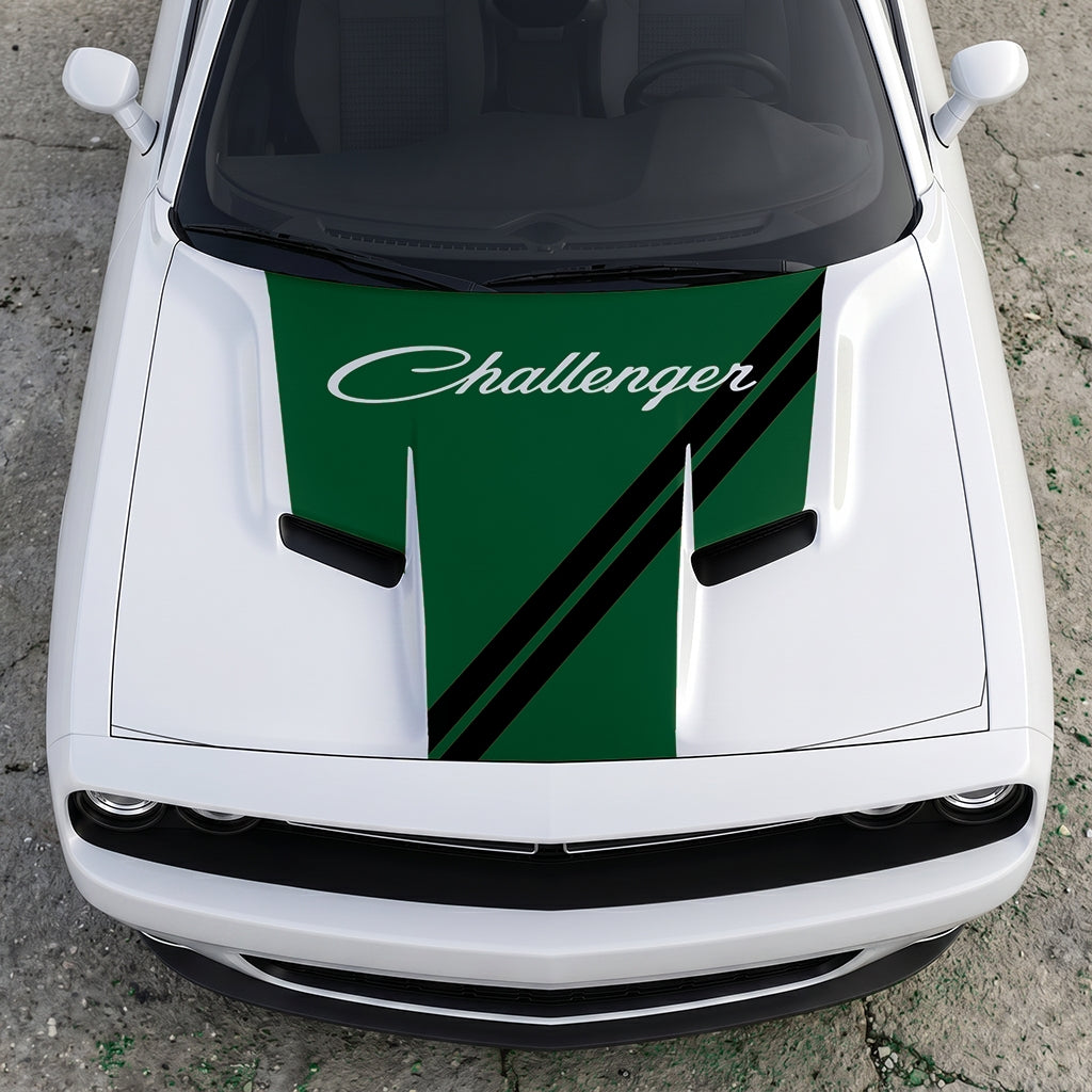 Hood Panel Decal/Sticker - Challenger Script Sidewinder Stripe - Dual-Band Offset Racing Graphic Kit - For Dodge Challenger 2015-2024 - Premium Vinyl
