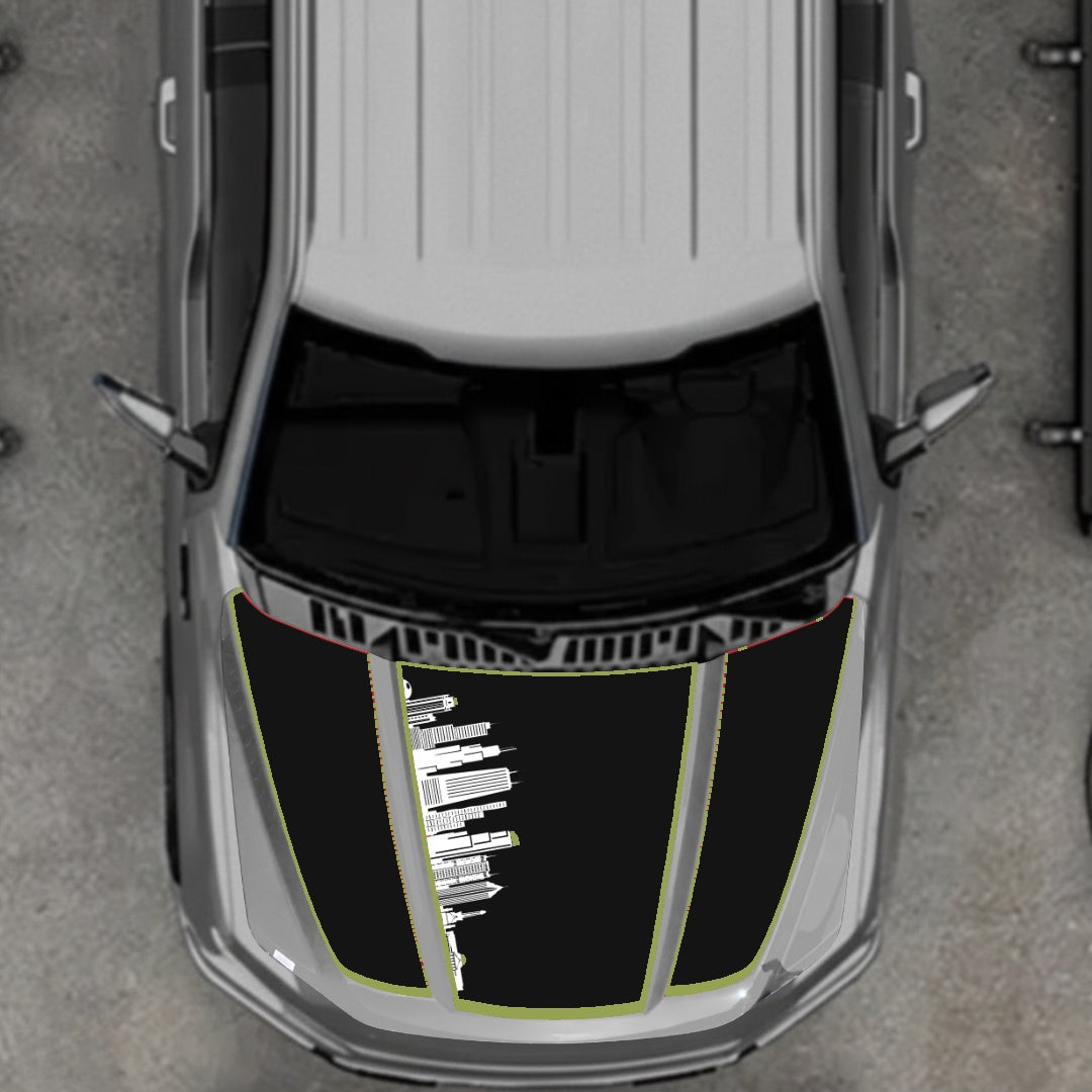 Hood Panel Decal/Sticker - Dubai Skyline - Cut - Border Graphic Kit - For Ford F-150 2020-2026 - Premium Vinyl