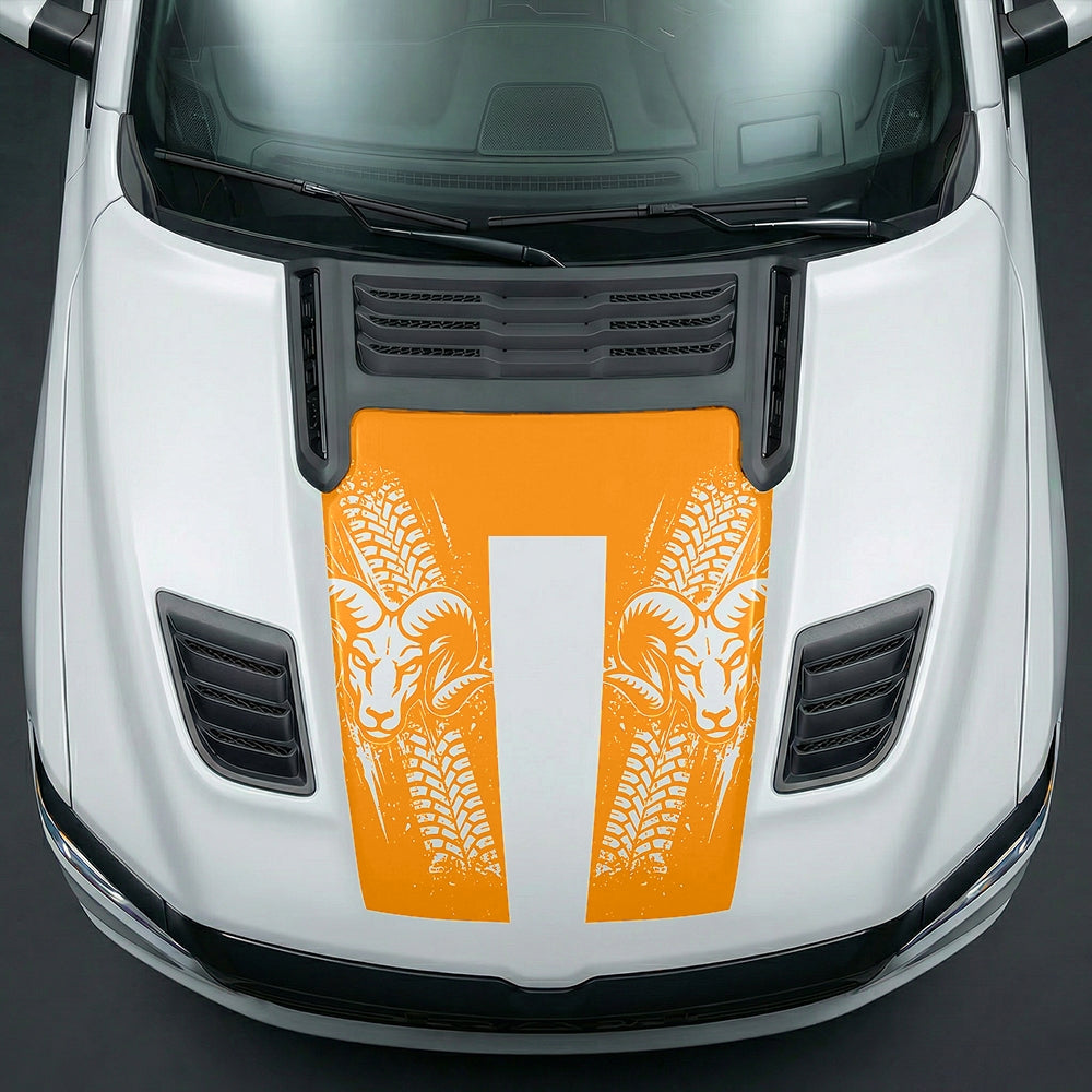 Hood Panel Decal/Sticker - Rugged Mud Tire Tread & RAM Head Graphic Kit - For Dodge Ram 2019-2025 - Premium Vinyl