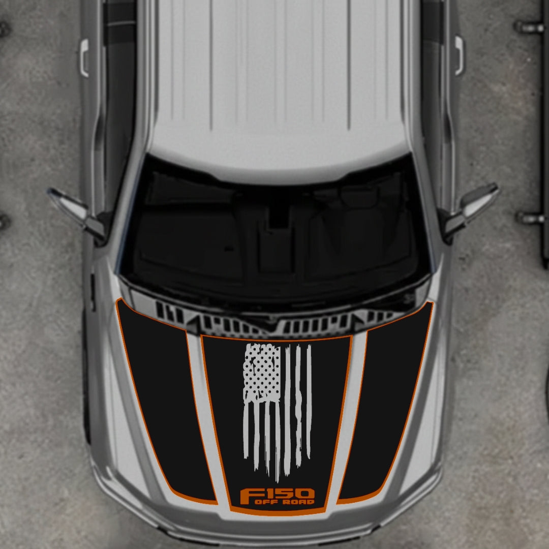 Hood Panel Decal/Sticker - USA Style 3 - Cut - Border Graphic Kit - For Ford F-150 2020-2026 - Premium Vinyl