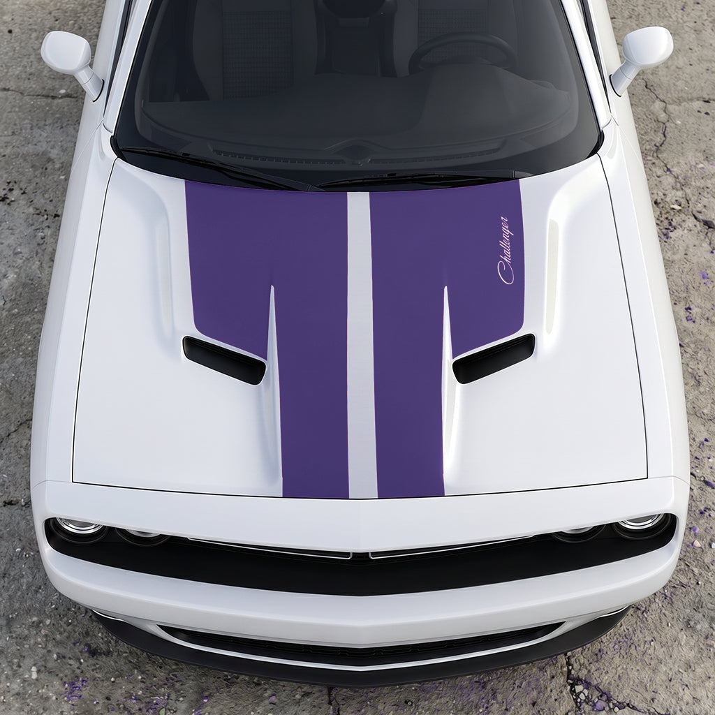Hood Panel Decal/Sticker - Retro Script Challenger Heritage - Split Center Sport Stripe Series Graphic Kit - For Dodge Challenger 2015-2024 - Premium Vinyl