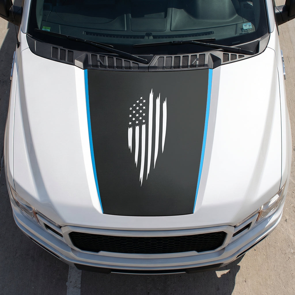 Hood Panel Decal/Sticker - Scratched America Flag Graphic Decal Graphic Kit - For Ford F-150 2015-2020 - Premium Vinyl