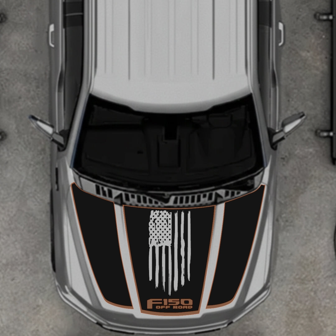 Hood Panel Decal/Sticker - USA Style 3 - Cut - Border Graphic Kit - For Ford F-150 2020-2026 - Premium Vinyl