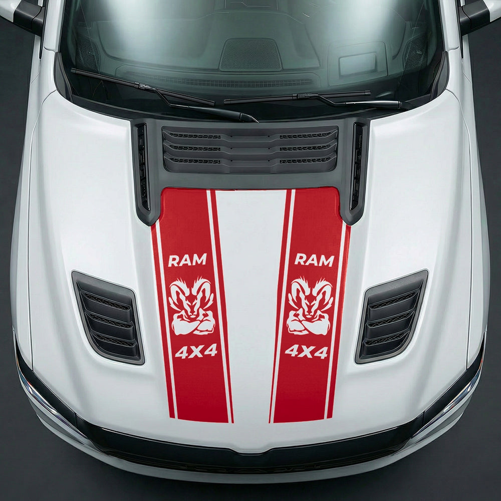 Hood Panel Decal/Sticker - Muscular Ram Mascot 4x4 Twin Stripe Graphic Kit - For Dodge Ram 2019-2025 - Premium Vinyl