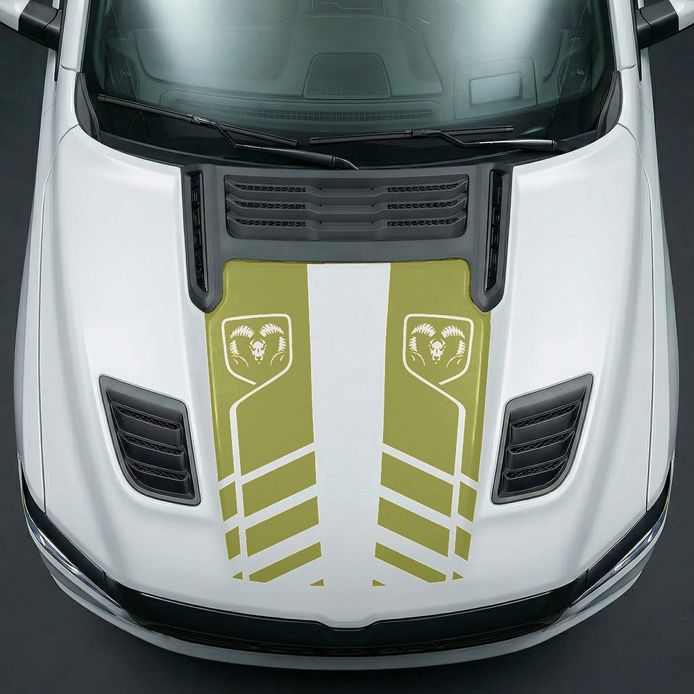 Hood Panel Decal/Sticker - Slotted Sport Stripe with RAM Shield Badge Graphic Kit - For Dodge Ram 2019-2025 - Premium Vinyl