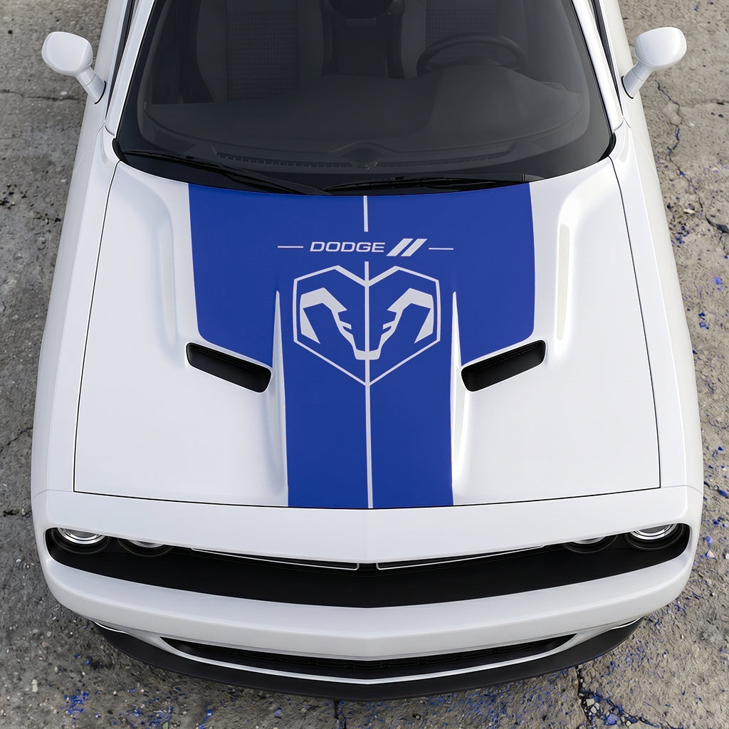 Hood Panel Decal/Sticker - Modern Ram Heritage Diamond Shield Overlay - Dodge Logo Split Stripe Graphic Kit - For Dodge Challenger 2015-2024 - Premium Vinyl