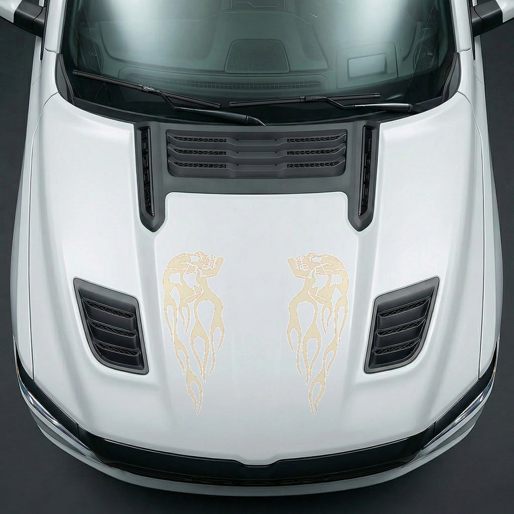 Hood Panel Decal/Sticker - Fiery Skulls Custom U-Shape - Cut Graphic Kit - For Dodge Ram 2019-2025 - Premium Vinyl