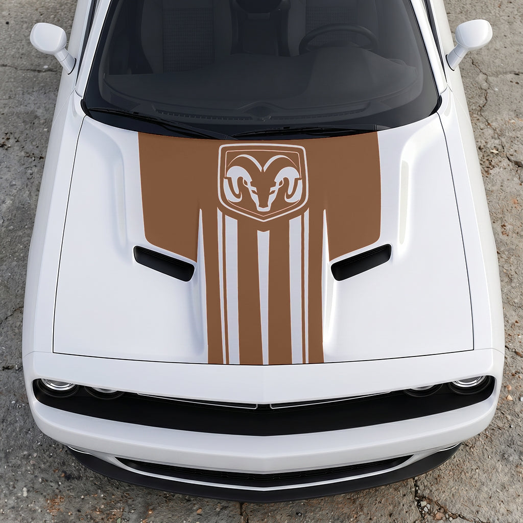 Hood Panel Decal/Sticker - Ram Emblem Apex Crest Triple-Stripe - Rugged Shield Design Vinyl Graphic Kit - For Dodge Challenger 2015-2024 - Premium Vinyl
