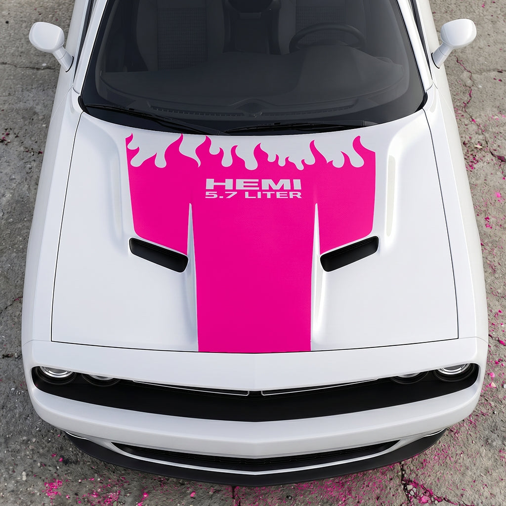 Hood Panel Decal/Sticker - HEMI 5.7 Liter Fire & Fury Flame Accent - Performance Red Series Graphic Kit - For Dodge Challenger 2015-2024 - Premium Vinyl