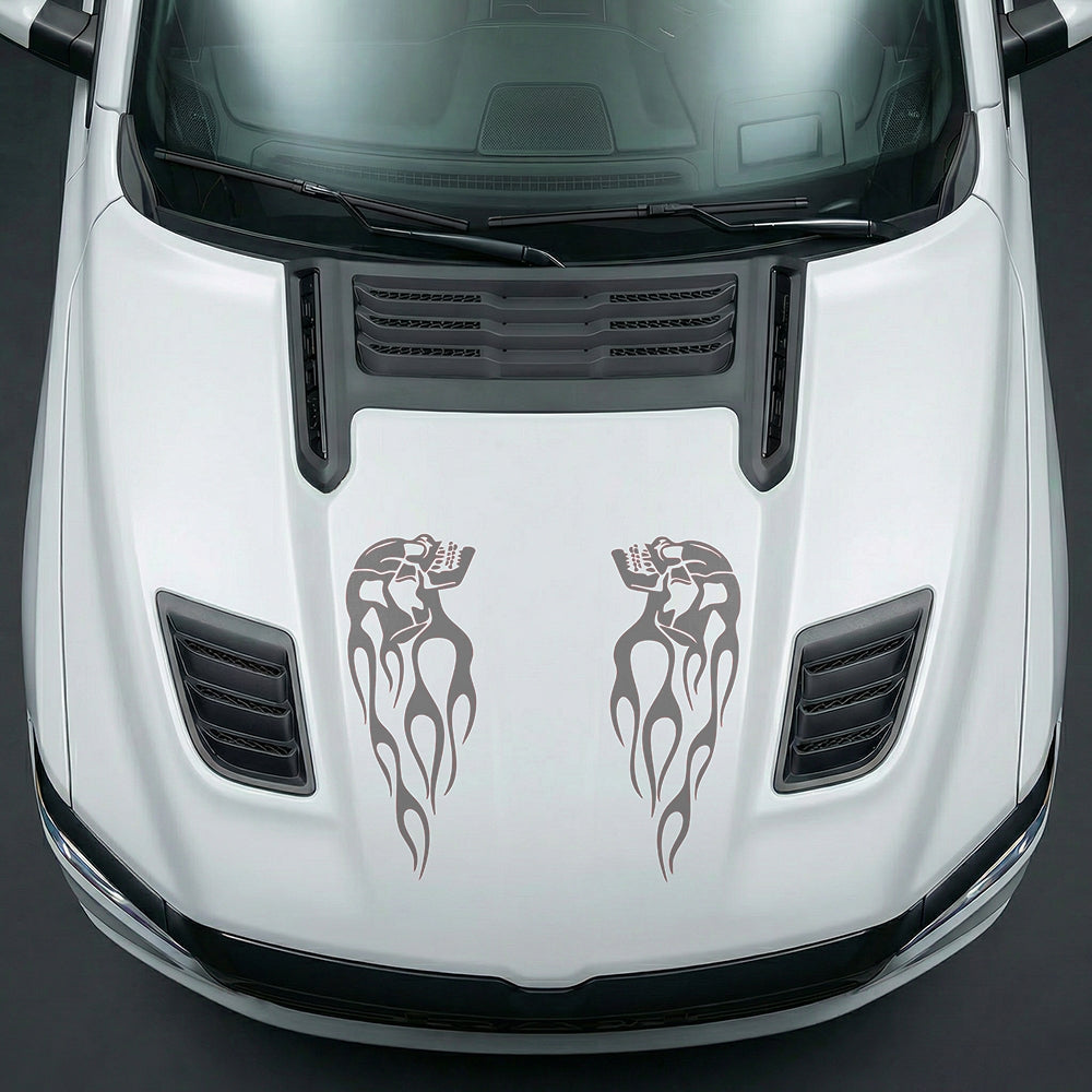 Hood Panel Decal/Sticker - Fiery Skulls Custom U-Shape - Cut Graphic Kit - For Dodge Ram 2019-2025 - Premium Vinyl