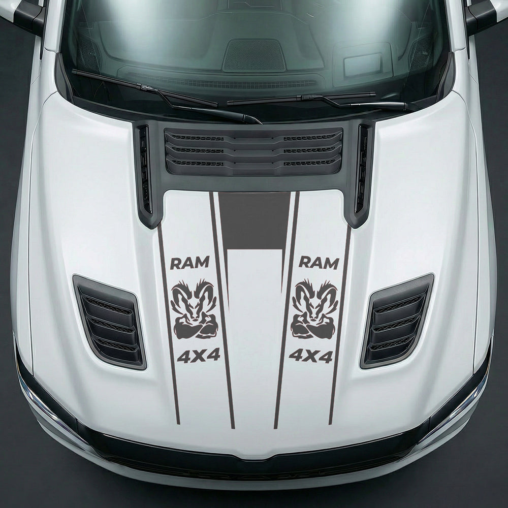 Hood Panel Decal/Sticker - Muscular Ram Mascot 4x4 Twin Stripe U-Shape Graphic Kit - For Dodge Ram 2019-2025 - Premium Vinyl