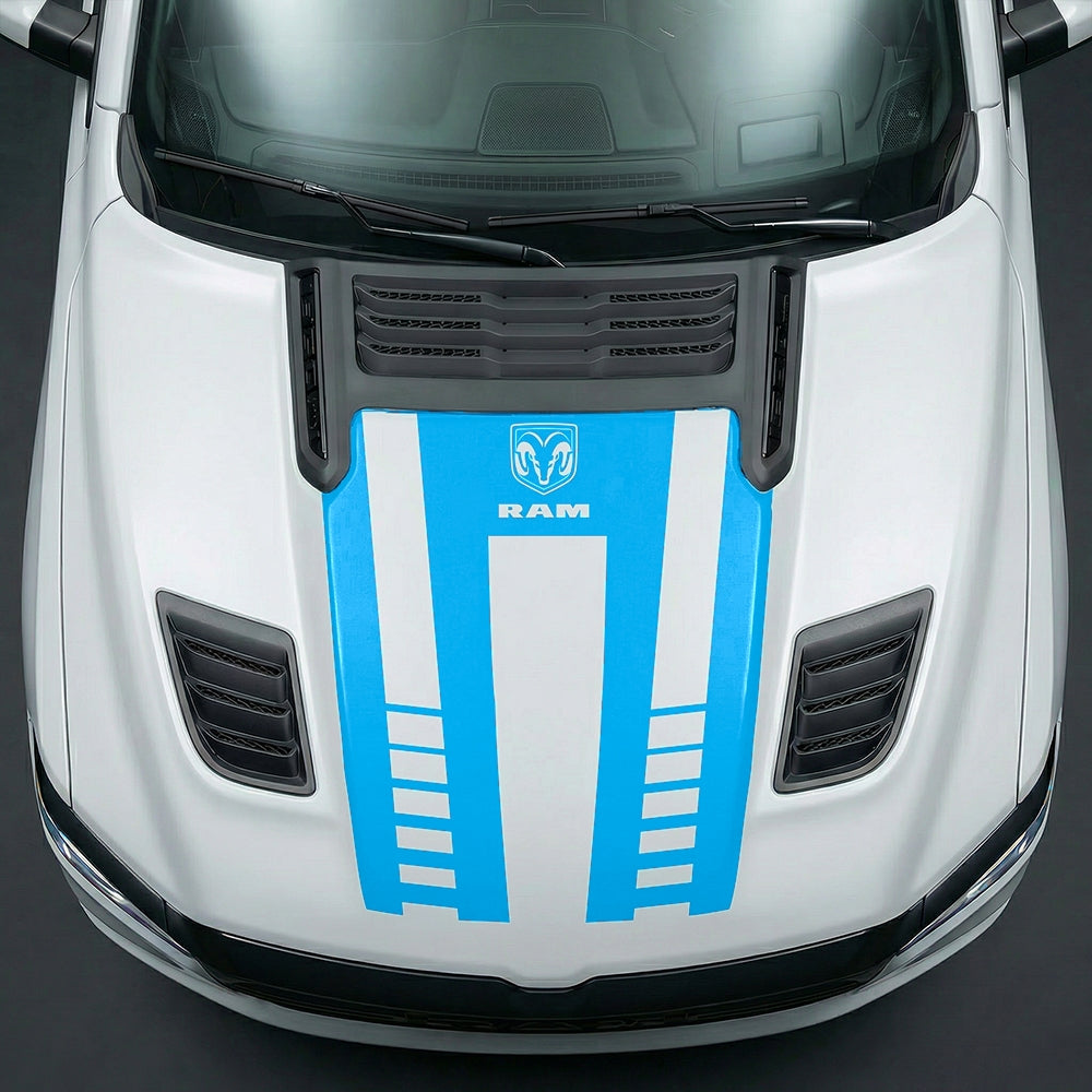Hood Panel Decal/Sticker - Sport Strobe V-Stripes with Center RAM Logo Graphic Kit - For Dodge Ram 2019-2025 - Premium Vinyl