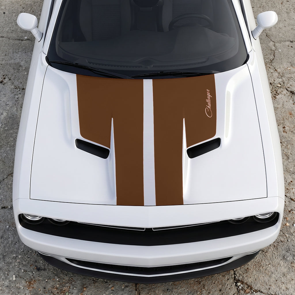 Hood Panel Decal/Sticker - Retro Script Challenger Heritage - Split Center Sport Stripe Series Graphic Kit - For Dodge Challenger 2015-2024 - Premium Vinyl