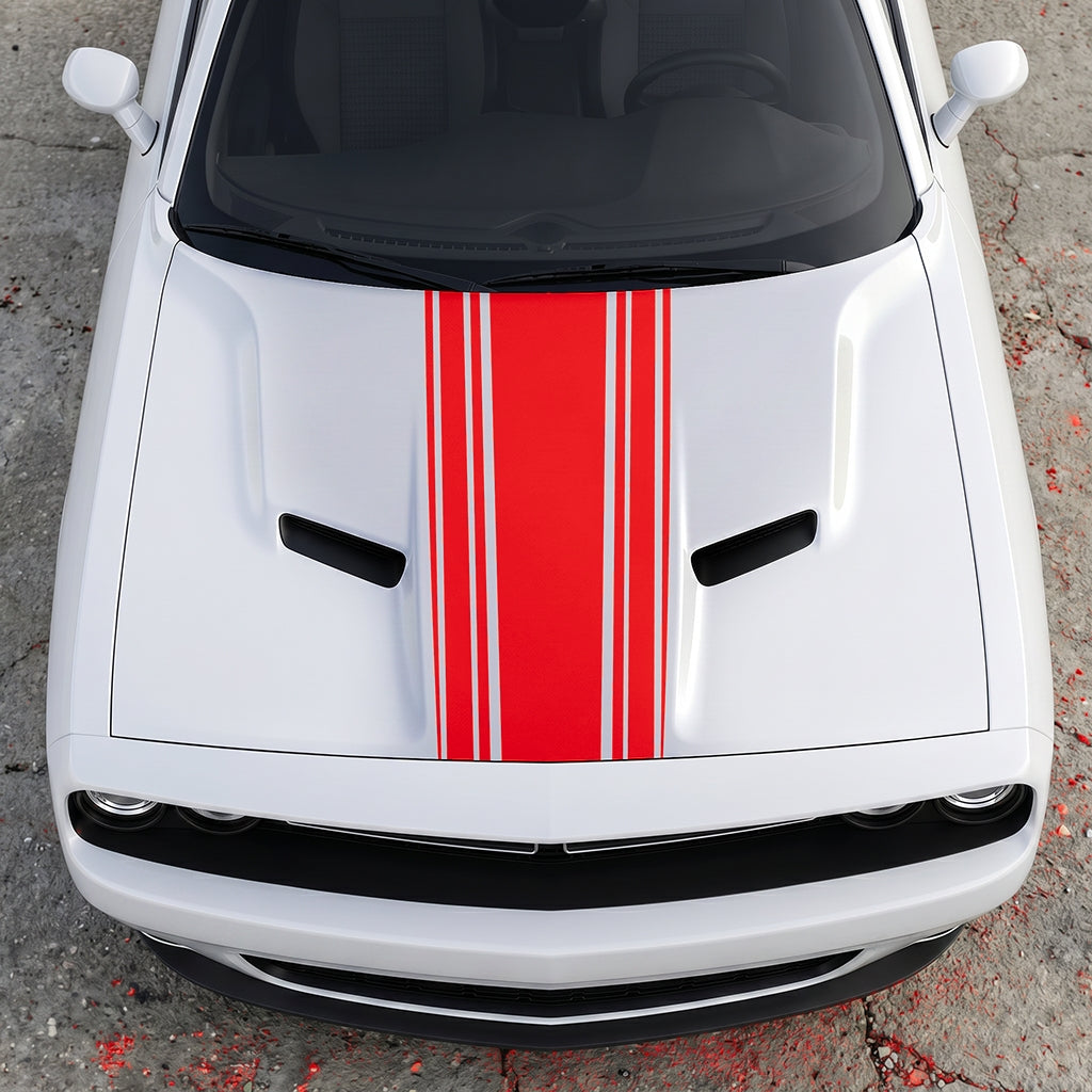 Hood Panel Decal/Sticker - Challenger Interceptor Center Stripe - Multi-Pin Racing Fade Vinyl Graphic Kit - For Dodge Challenger 2015-2024 - Premium Vinyl