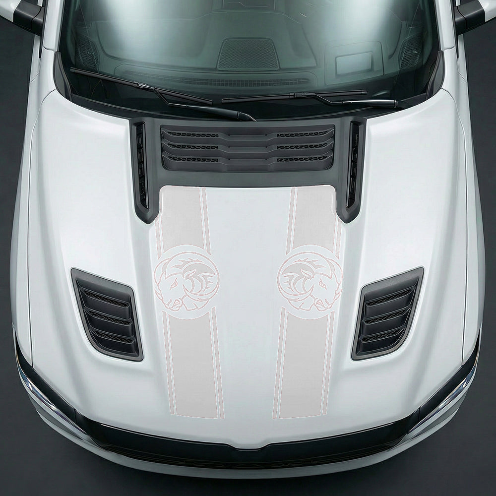Hood Panel Decal/Sticker - Aggressive RAM Mascot Twin Racing Stripe Graphic Kit - For Dodge Ram 2019-2025 - Premium Vinyl