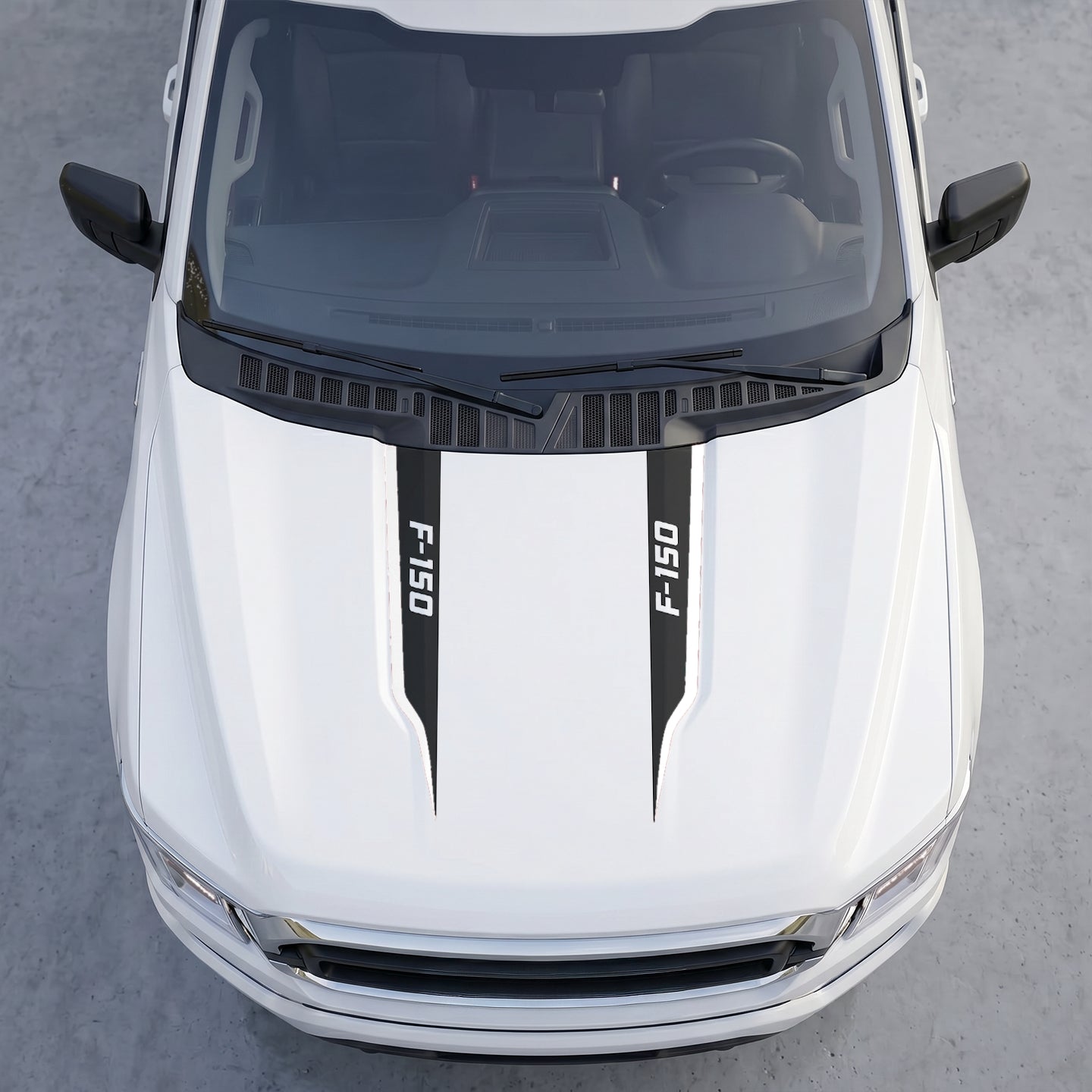 Hood Panel Decal/Sticker - Clean Sport Hood Cowl Accent Stripes – Dual Side Edge Matte Black Vinyl Decals with White Text Graphic Kit - For Ford F-150 F150 2015-2020 - Premium Vinyl