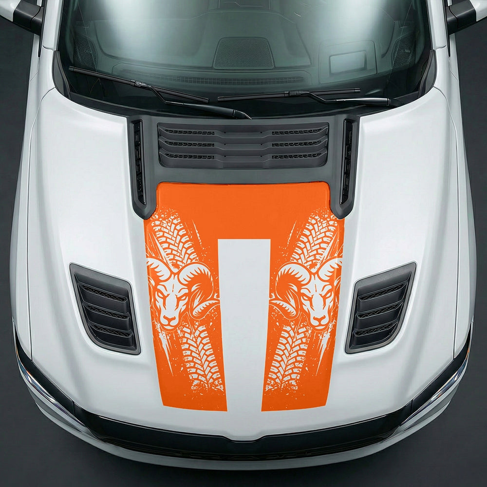 Hood Panel Decal/Sticker - Rugged Mud Tire Tread & RAM Head Graphic Kit - For Dodge Ram 2019-2025 - Premium Vinyl