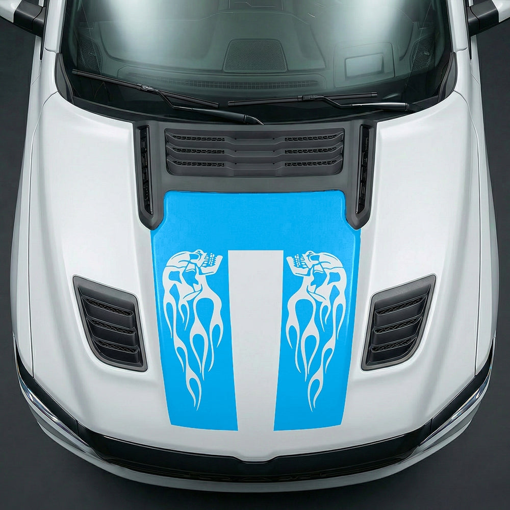 Hood Panel Decal/Sticker - Fiery Skulls Custom U-Shape Graphic Kit - For Dodge Ram 2019-2025 - Premium Vinyl
