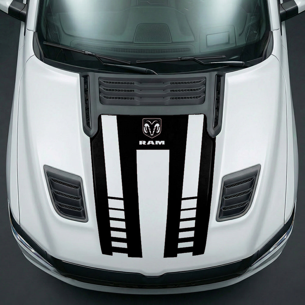 Hood Panel Decal/Sticker - Sport Strobe V-Stripes with Center RAM Logo Graphic Kit - For Dodge Ram 2019-2025 - Premium Vinyl