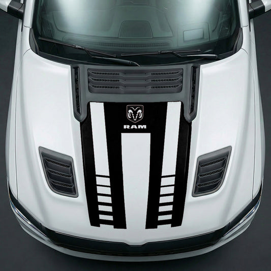 Hood Panel Decal/Sticker - Sport Strobe V-Stripes with Center RAM Logo Graphic Kit - For Dodge Ram 2019-2025 - Premium Vinyl
