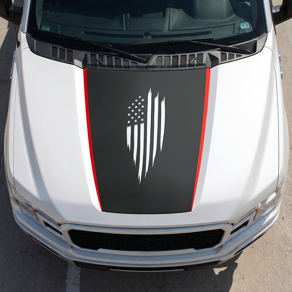 Hood Panel Decal/Sticker - Scratched America Flag Graphic Decal Graphic Kit - For Ford F-150 2015-2020 - Premium Vinyl