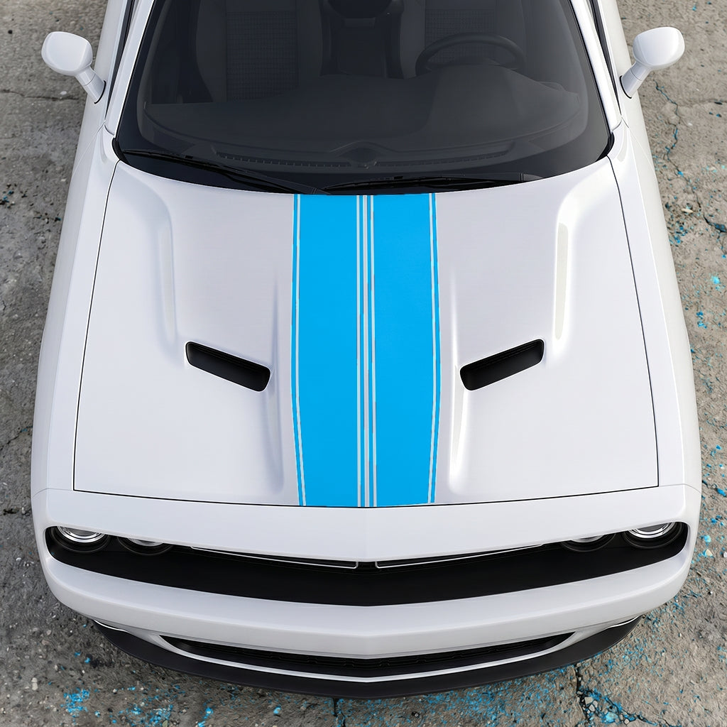 Hood Panel Decal/Sticker - Triple-Threat Sport Racing Stripes - Symmetrical Performance Overlay Graphic Kit - For Dodge Challenger 2015-2024 - Premium Vinyl