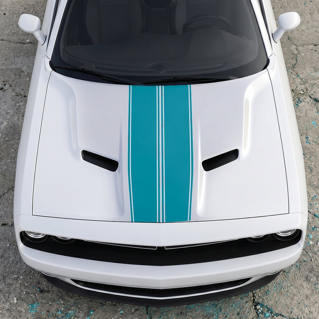 Hood Panel Decal/Sticker - Triple-Threat Sport Racing Stripes - Symmetrical Performance Overlay Graphic Kit - For Dodge Challenger 2015-2024 - Premium Vinyl