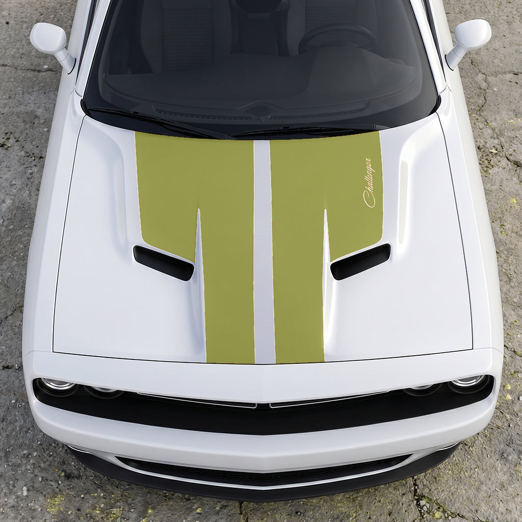 Hood Panel Decal/Sticker - Retro Script Challenger Heritage - Split Center Sport Stripe Series Graphic Kit - For Dodge Challenger 2015-2024 - Premium Vinyl