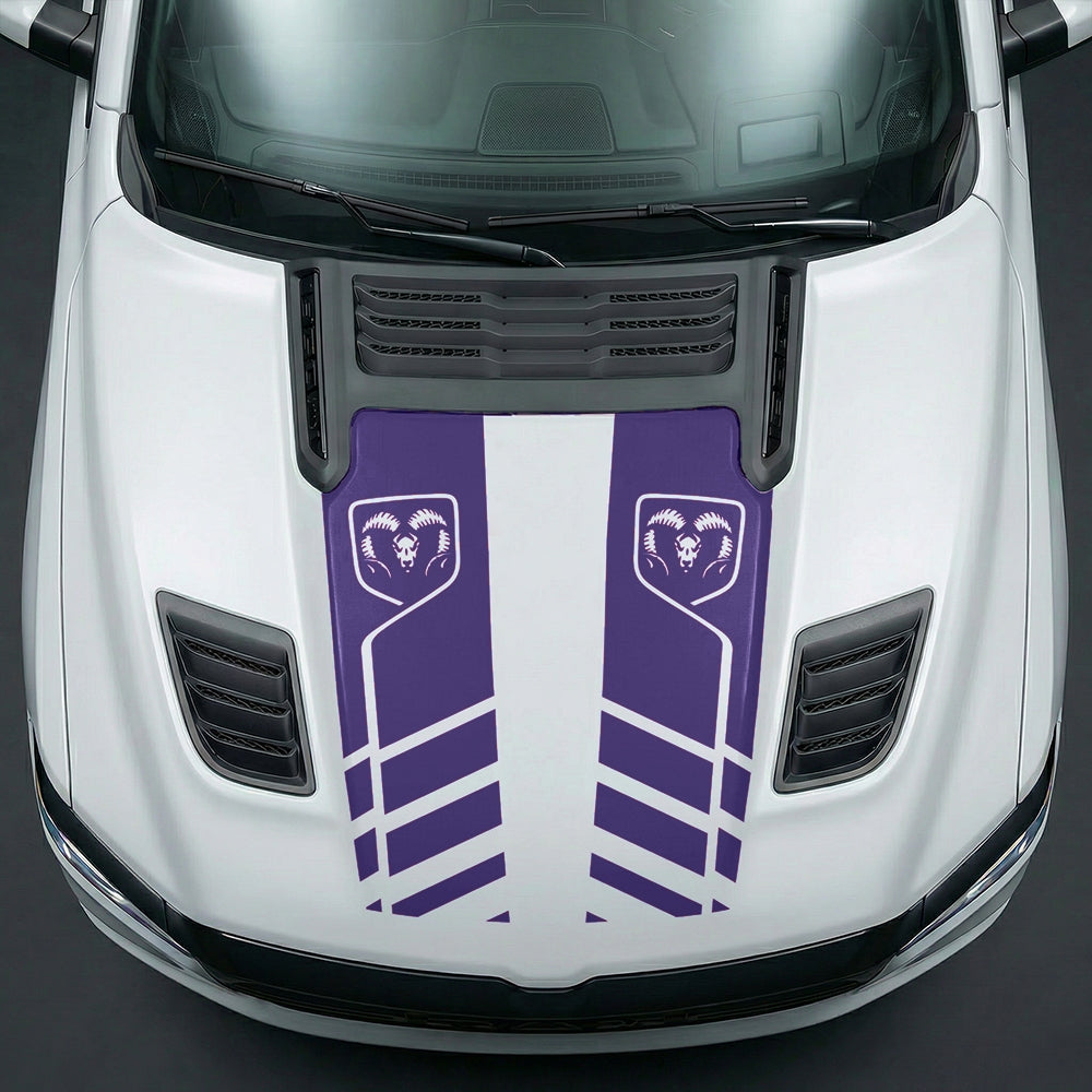 Hood Panel Decal/Sticker - Slotted Sport Stripe with RAM Shield Badge Graphic Kit - For Dodge Ram 2019-2025 - Premium Vinyl
