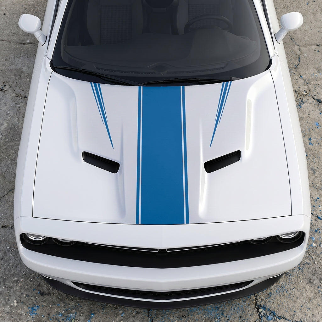 Hood Panel Decal/Sticker - Sport Rally Triple-Threat Stripe - Center-Line and Fender-Flair Accent Graphic Kit - For Dodge Challenger 2015-2024 - Premium Vinyl