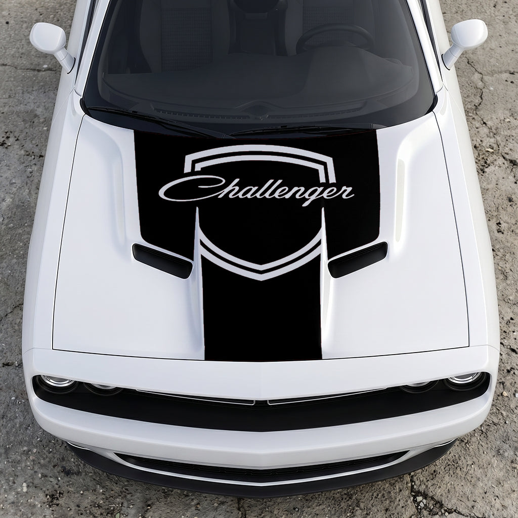 Hood Panel Decal/Sticker - Challenger Retro Script Shield - Vintage Style Crest Graphic Kit - For Dodge Challenger 2015-2024 - Premium Vinyl