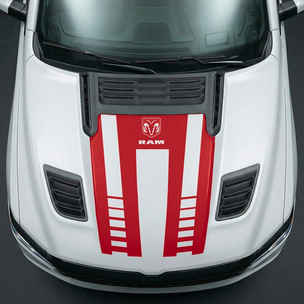 Hood Panel Decal/Sticker - Sport Strobe V-Stripes with Center RAM Logo Graphic Kit - For Dodge Ram 2019-2025 - Premium Vinyl