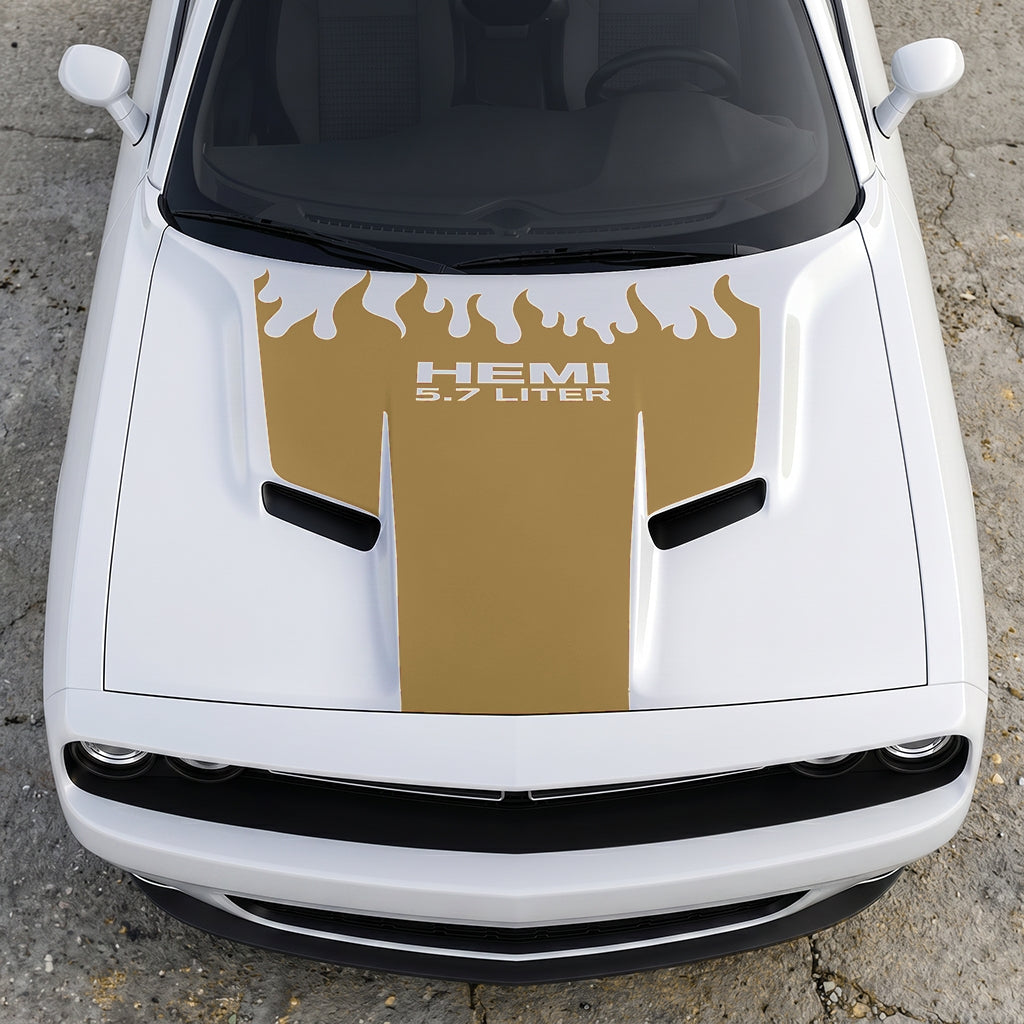 Hood Panel Decal/Sticker - HEMI 5.7 Liter Fire & Fury Flame Accent - Performance Red Series Graphic Kit - For Dodge Challenger 2015-2024 - Premium Vinyl